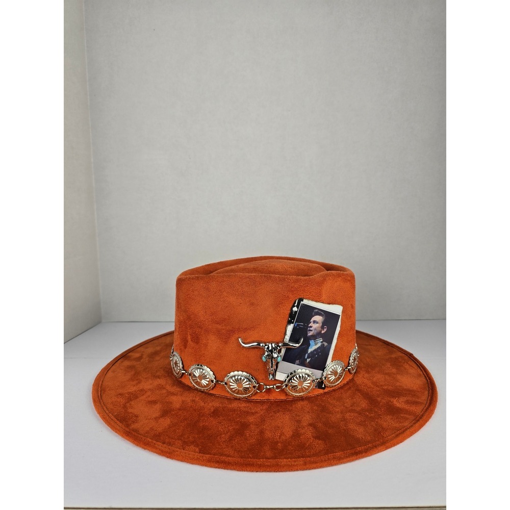 Women's Fedora Hat M Orange Faux Suede Johnny Cash Picture Western Boho